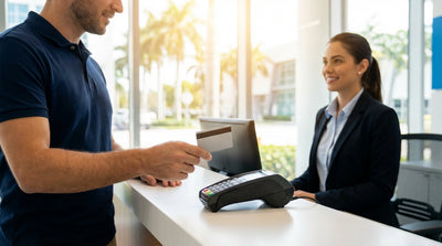A white convertible car hire parked along a sunny Miami street lined with palm trees