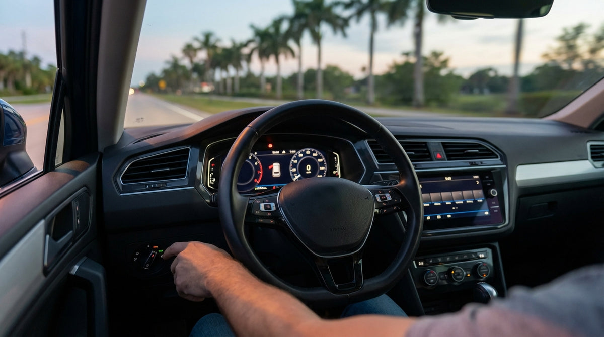 The illuminated dashboard of a car hire in Orlando at night with the headlight controls visible