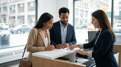 A modern car rental driving through the bustling, neon-lit streets of Times Square in New York City