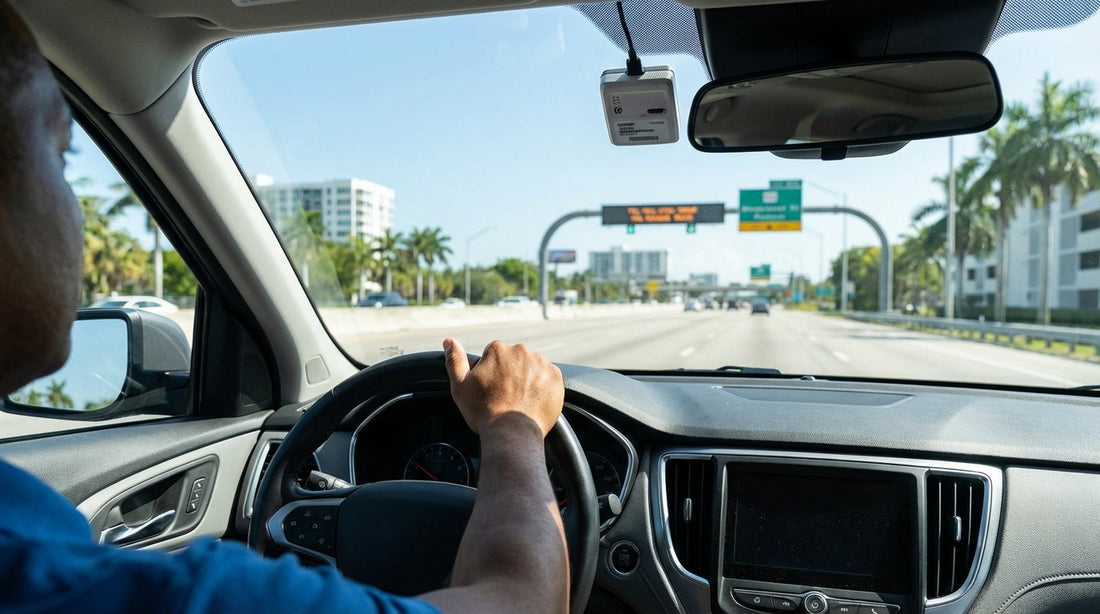 A car hire drives down a palm-tree-lined highway in Miami with the city skyline in the distance
