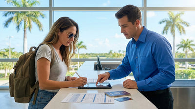 A convertible car hire driving along a scenic coastal highway in Florida at sunset