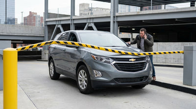 A white car rental stopped at a broken parking barrier arm in a Pennsylvania parking garage
