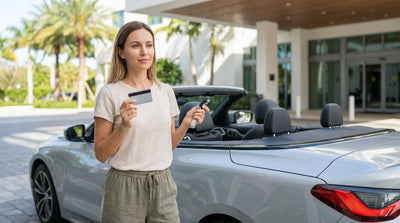 Customer handing a credit card to an agent at a bright Florida car rental counter