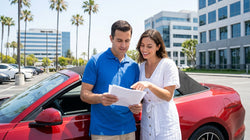Two people driving a car hire along a sunny coastal highway in California