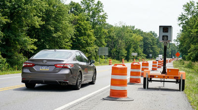 A car hire drives through a highway work zone with orange traffic cones in Pennsylvania
