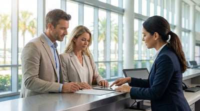 A white convertible car rental driving down a palm tree-lined road on a sunny day in Florida