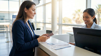 A smiling person holds up the keys to their convertible car hire in a sunny Los Angeles airport parking lot