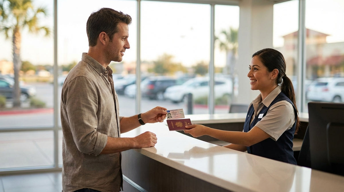 A red convertible car hire driving down a scenic highway through the Texas desert landscape