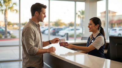 A red convertible car hire driving down a scenic highway through the Texas desert landscape