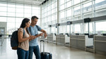 Travelers with luggage approaching a car rental desk inside San Francisco airport