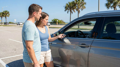 A person looking at the dashboard of their Florida car rental with a confused expression on their face