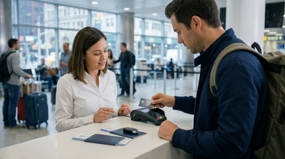 A traveler uses a credit card at a counter to complete their car hire paperwork in New York