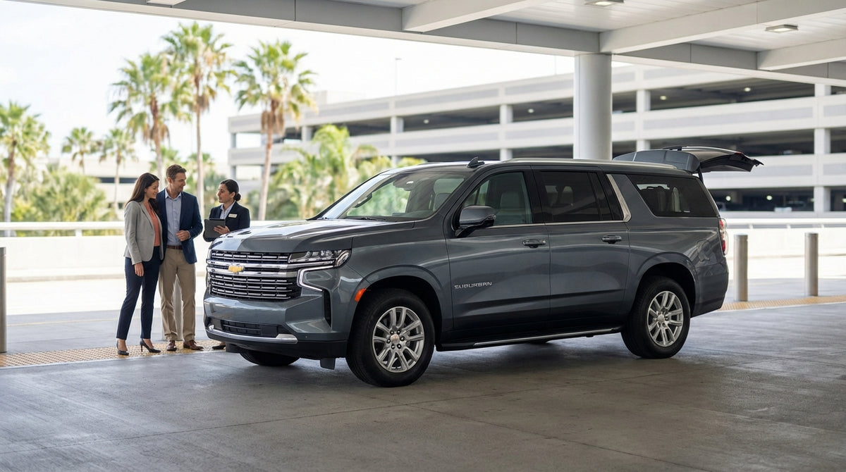 A shiny black Chevy Suburban car rental parked under a palm tree on a sunny day in Orlando