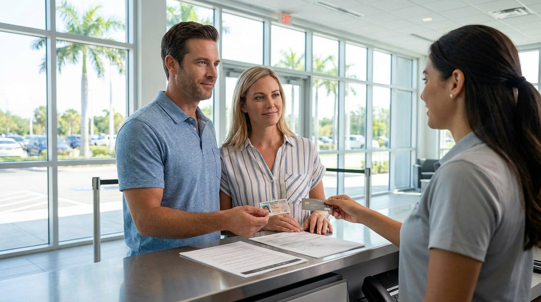 A person hands their license to an agent at a car rental counter in a sunny Florida airport