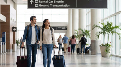 The blue car rental shuttle bus waiting outside a terminal at Dallas/Fort Worth Airport in Texas