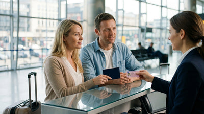 Customer presenting travel documents at a car rental counter in New York