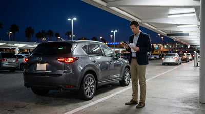 A modern sedan in the car hire return lane at Orlando International Airport (MCO) at dusk