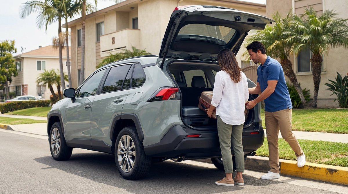 A person loads a suitcase into a car rental stopped by a yellow curb on a sunny Los Angeles street