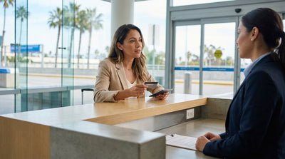 A red convertible car hire driving on a sunny, palm tree-lined road in Los Angeles