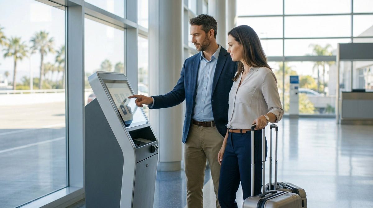A traveler uses a touch-screen car rental kiosk inside the bright Los Angeles airport terminal