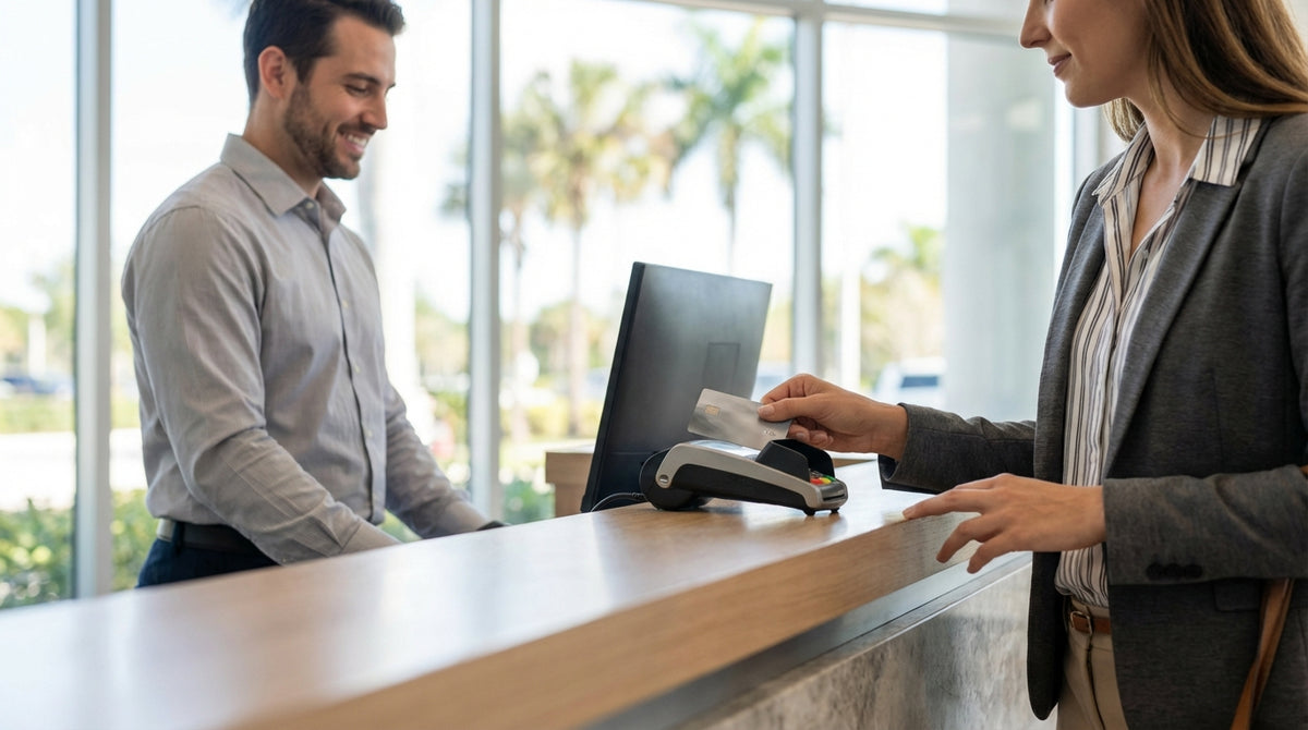 A red convertible for car hire drives along a sunny coastal road lined with palm trees in Florida