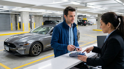 A traveler completes their car hire payment with a credit card at a rental desk in New York