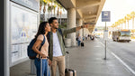 Travelers wait by a purple car rental shuttle sign on the arrivals curb at LAX in Los Angeles