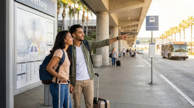 Travelers wait by a purple car rental shuttle sign on the arrivals curb at LAX in Los Angeles