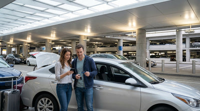 A row of vehicles lined up for car hire at a rental lot at JFK Airport in New York