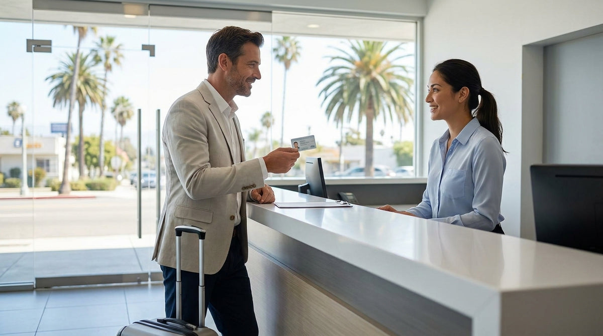 Customer presenting a driving licence at a car rental desk in California
