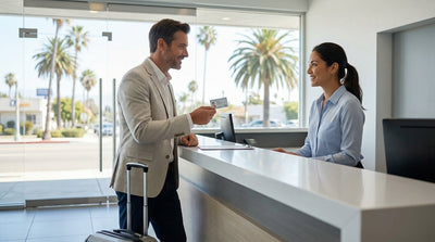 Customer presenting a driving licence at a car rental desk in California