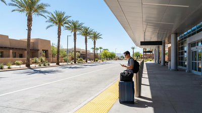 The modern exterior of the car rental center at the Las Vegas airport on a bright, sunny day