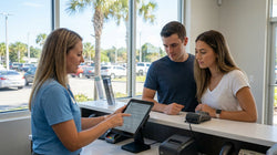 Young adult smiling while receiving keys for a car rental in front of palm trees in sunny Orlando