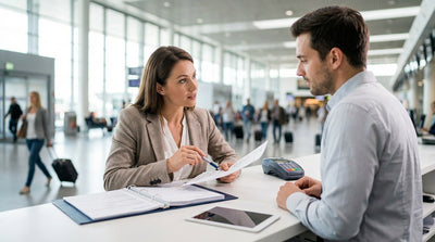 Traveler at a car rental desk in a sunny Florida airport reviewing their contract with an agent