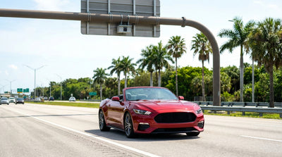 A modern car rental driving down a sun-drenched highway lined with palm trees in Florida