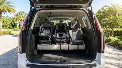 Three child car seats installed across the back of a large SUV, a popular car hire choice for families in Orlando