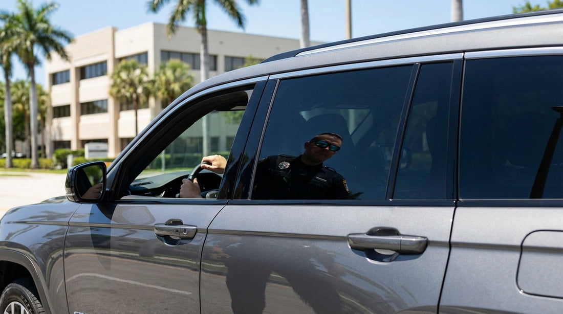 A modern car hire with tinted windows parked on a sunny Florida road next to palm trees