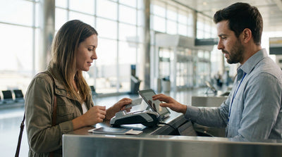 A traveler uses a credit card at an airport counter in the United States to pay for their car hire