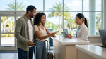 Person handing a driving licence to an agent at a car rental desk in sunny Florida