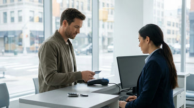 A silver car rental driving through the bright, neon-lit streets of Times Square in New York City