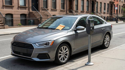 A New York City parking ticket tucked under the wiper of a car hire parked on a city street