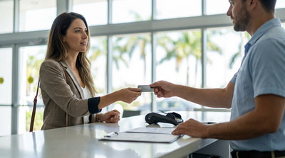 A red convertible car hire parked on a sunny, palm-lined street in Miami