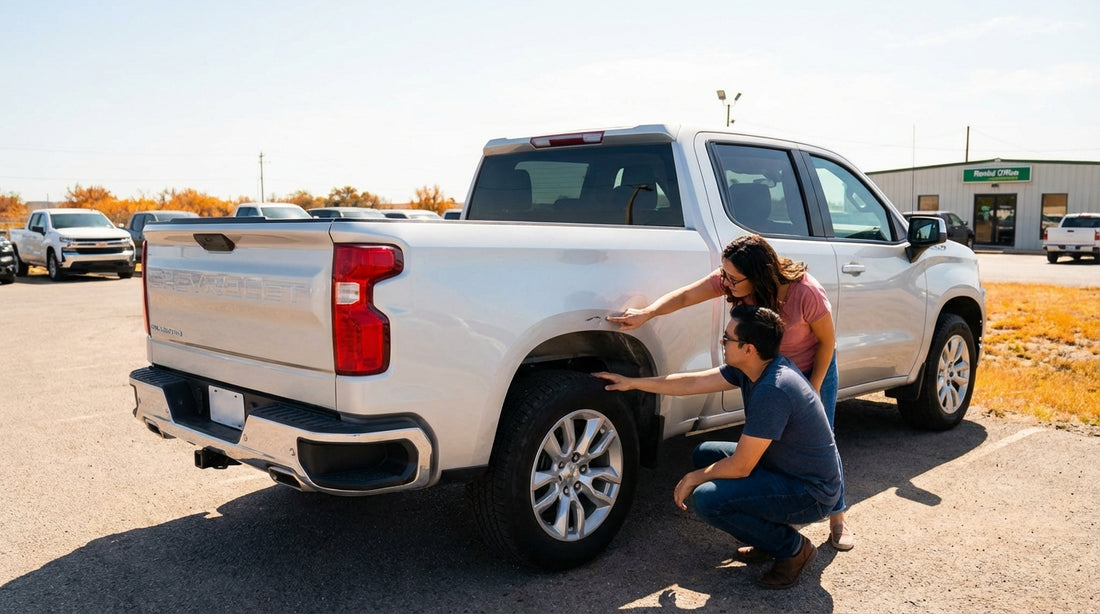 Driver carefully checks the side of a white car rental vehicle in a Texas parking lot