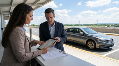 A car rental driving on a highway through the rolling green hills of Pennsylvania under a clear blue sky