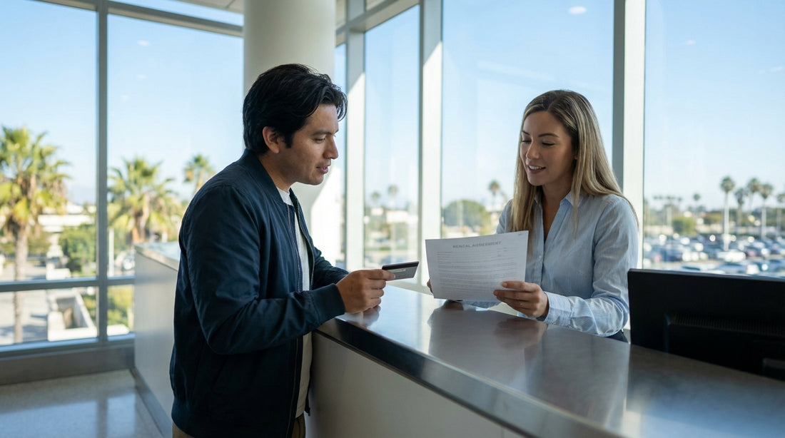 A red convertible car rental driving on the scenic Pacific Coast Highway in California