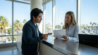 A red convertible car rental driving on the scenic Pacific Coast Highway in California