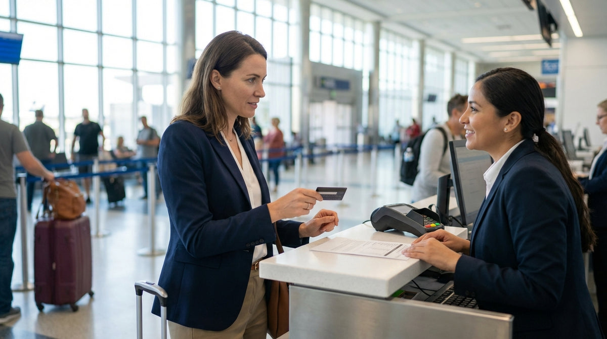 A person at a car rental desk in a United States airport handing over their credit card for payment