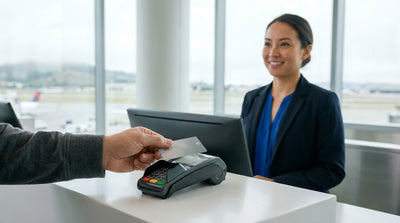 A traveler making a contactless payment at a car hire counter in the San Francisco airport terminal