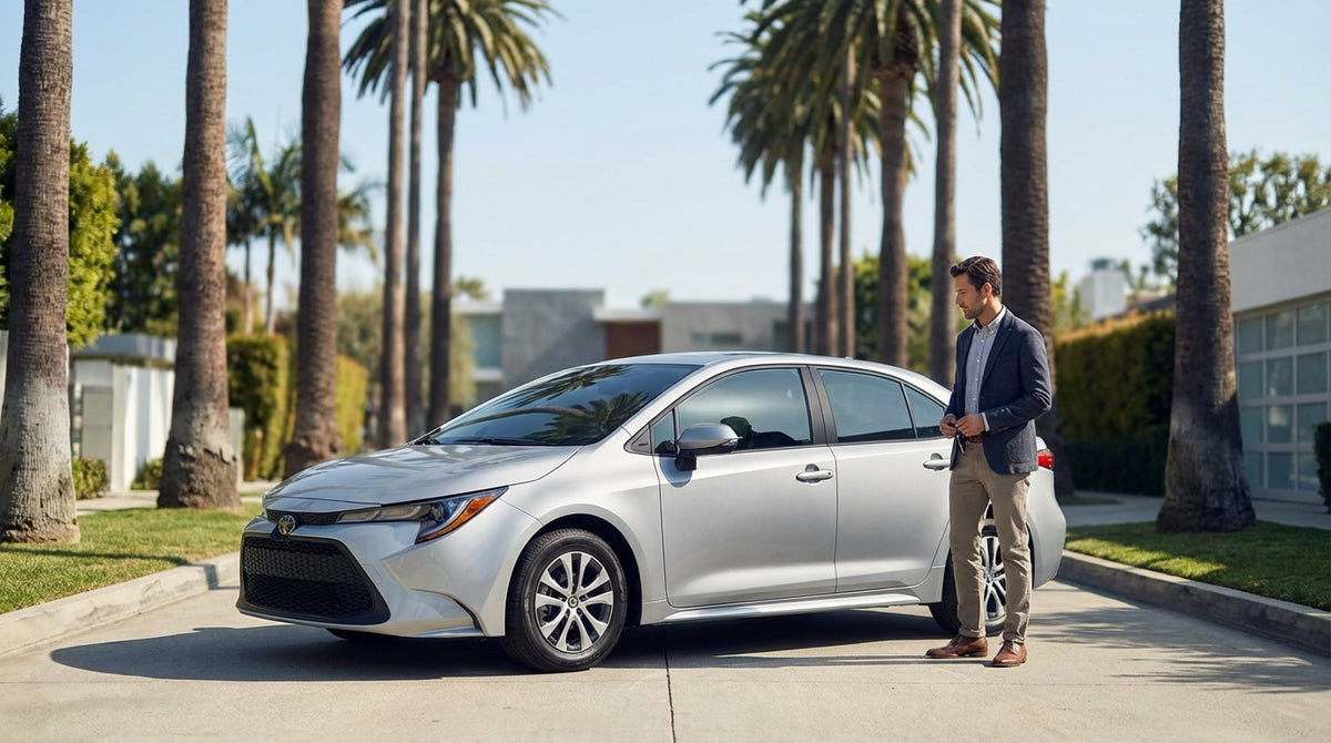 A white car rental SUV parked on a sunny Los Angeles hill with a view of the Hollywood sign