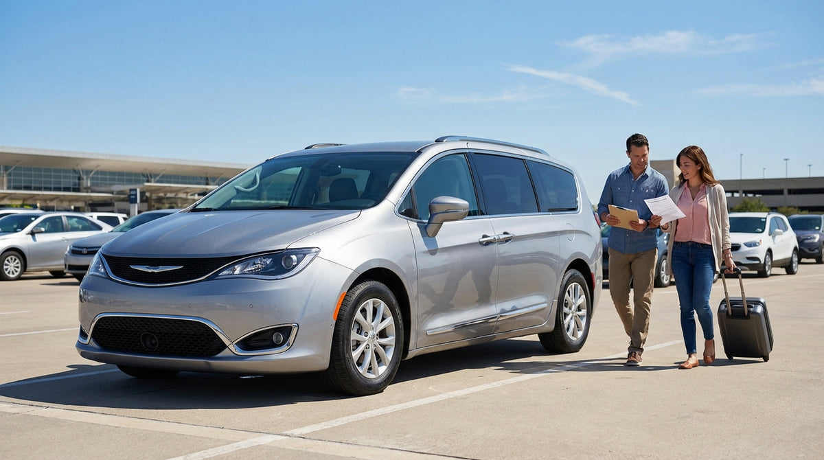 A car hire sedan driving on a long, empty highway through the Texas desert landscape